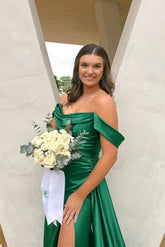UK Green Evening Dress Ruched Off-the-shoulder Prom Dress Mychicdress